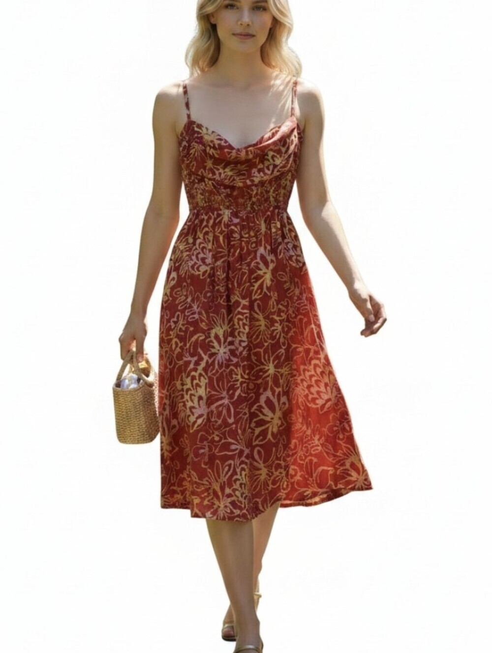 Blue Ginger Floral Red Sundress with Ruffle Neckline.Size M